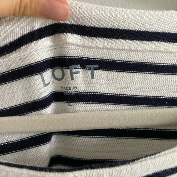 LOFT Striped Coastal Navy and Cream Boatneck 3/4 Sleeve Knit  Sweater Top Size L - Picture 9 of 14